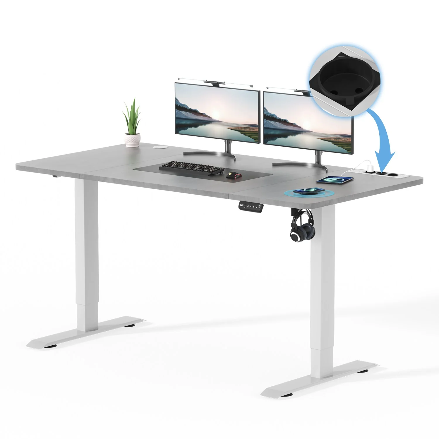 Höhenverstellbarer Schreibtisch mit USB Kabelloses Steckdosen Computertisch - Image 19