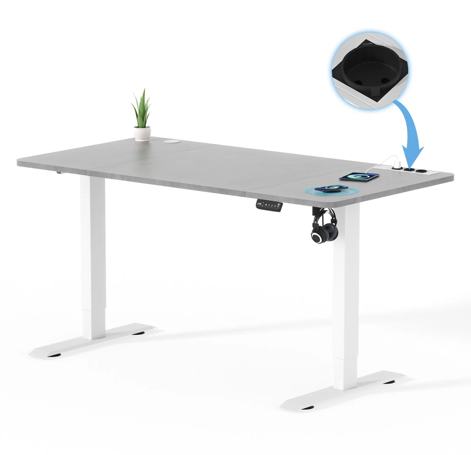 Höhenverstellbarer Schreibtisch mit USB Kabelloses Steckdosen Computertisch - Image 9