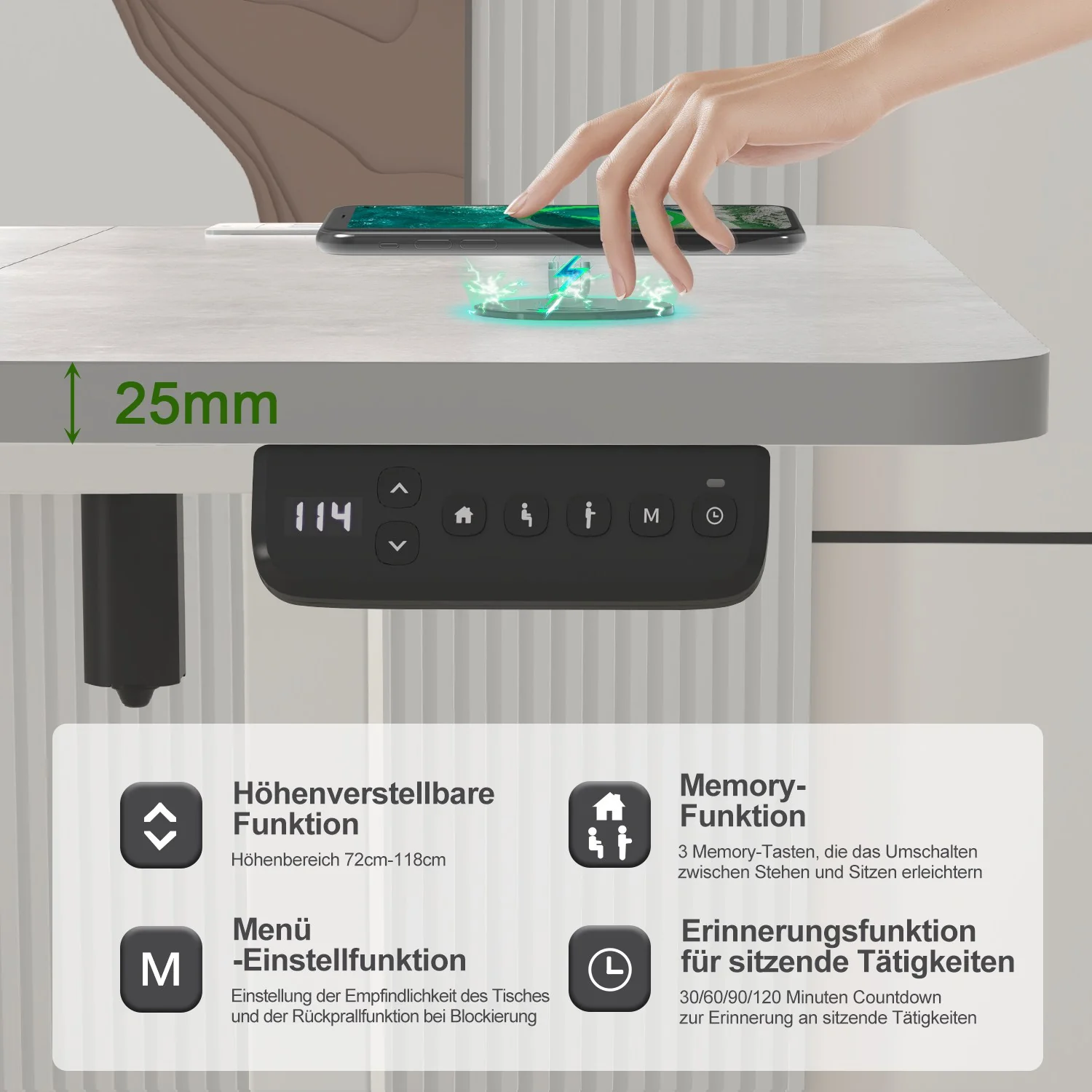 S2 Elektrisch höhenverstellbarer Schreibtisch mit Steckdosenleiste und kabellosem Laden - Image 6